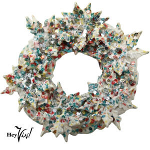 Vintage White Christmas Holiday Sparkle Snowflake Wreath Pin 2" Across - Hey Viv
